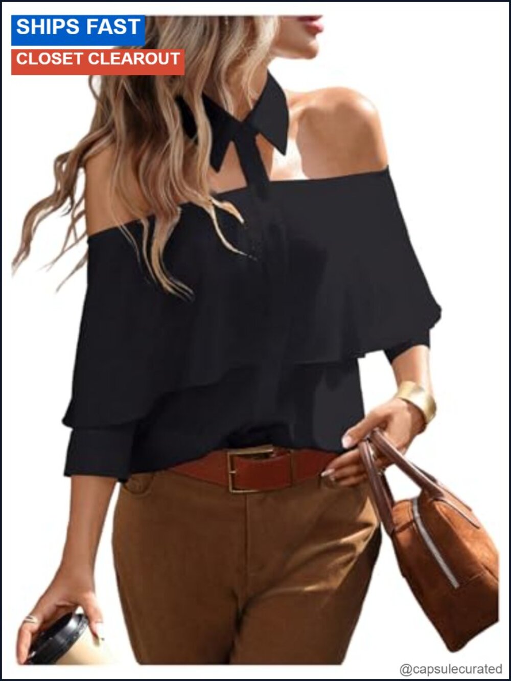 Off Shoulder Button Down 3/4 Sleeve Blouse Woven